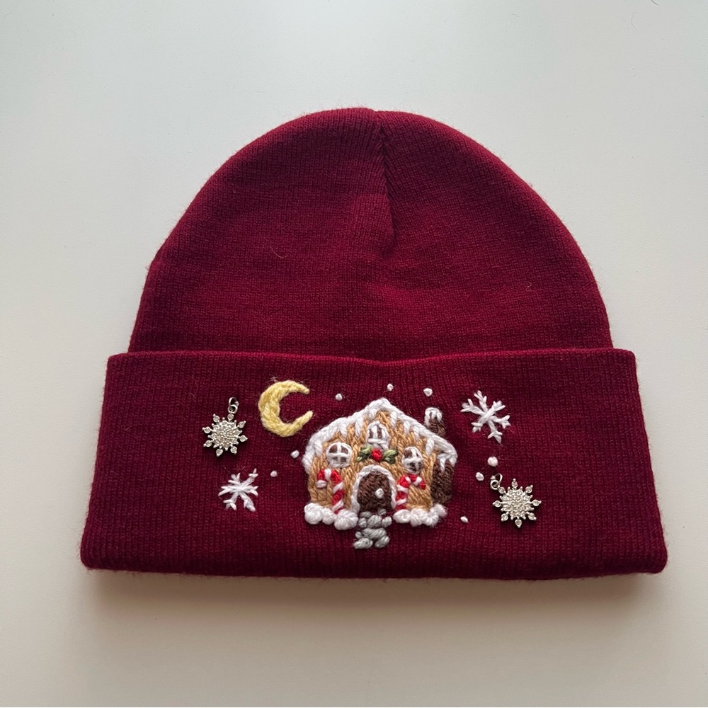 Burgundy Beanie with Embroidered Gingerbread Design
